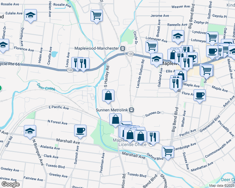 map of restaurants, bars, coffee shops, grocery stores, and more near 2900 Bartold Avenue in St. Louis