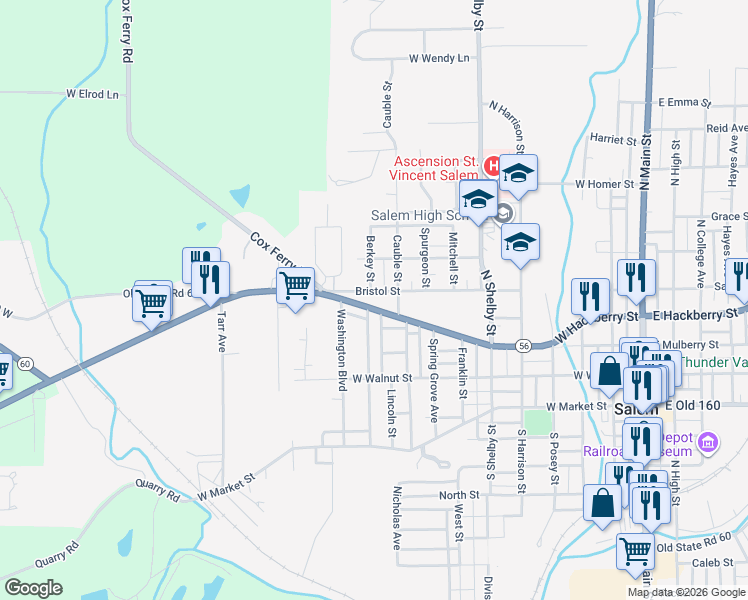 map of restaurants, bars, coffee shops, grocery stores, and more near 501-599 Berkey St in Salem