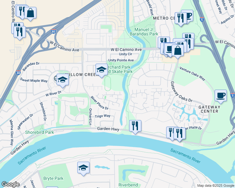map of restaurants, bars, coffee shops, grocery stores, and more near 2751 River Plaza Drive in Sacramento