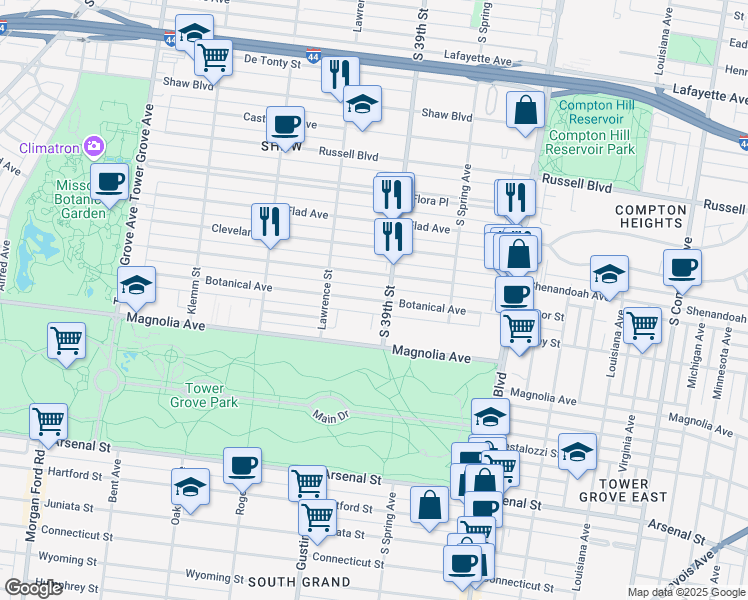 map of restaurants, bars, coffee shops, grocery stores, and more near 3915 Botanical Avenue in Saint Louis