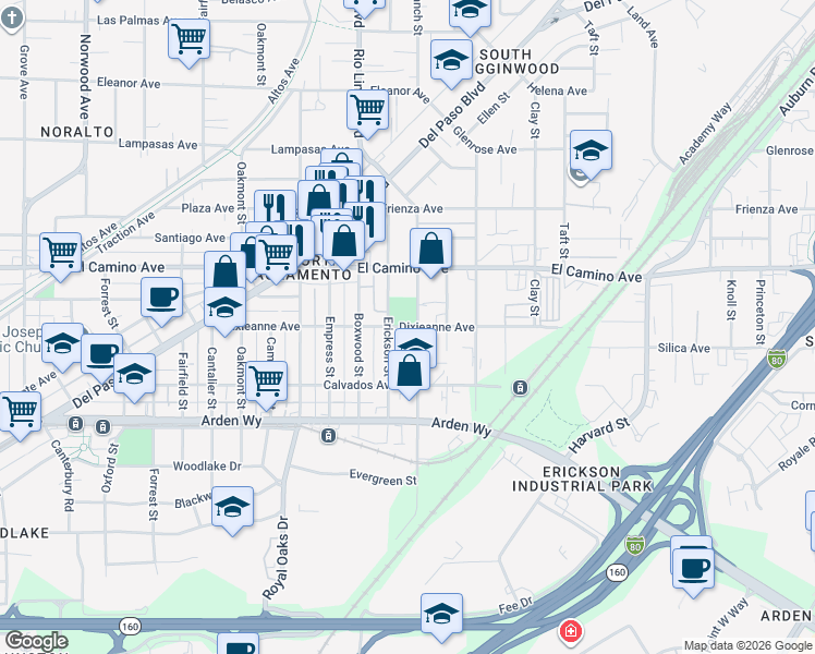 map of restaurants, bars, coffee shops, grocery stores, and more near in Sacramento