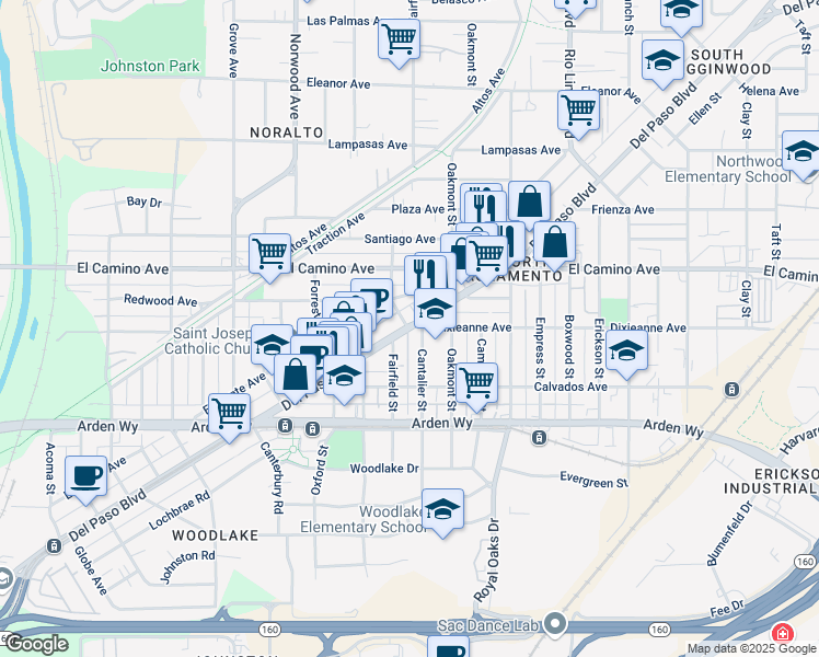map of restaurants, bars, coffee shops, grocery stores, and more near 2017 Del Paso Boulevard in Sacramento