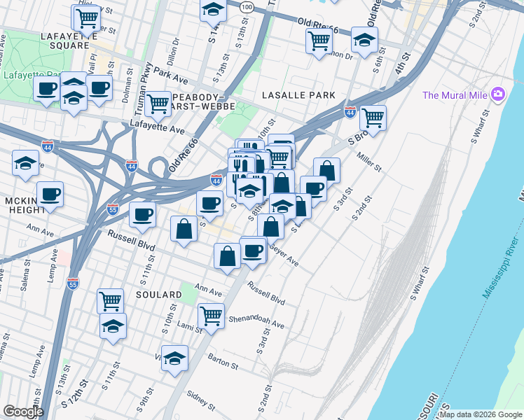 map of restaurants, bars, coffee shops, grocery stores, and more near 1718 South 8th Street in St. Louis