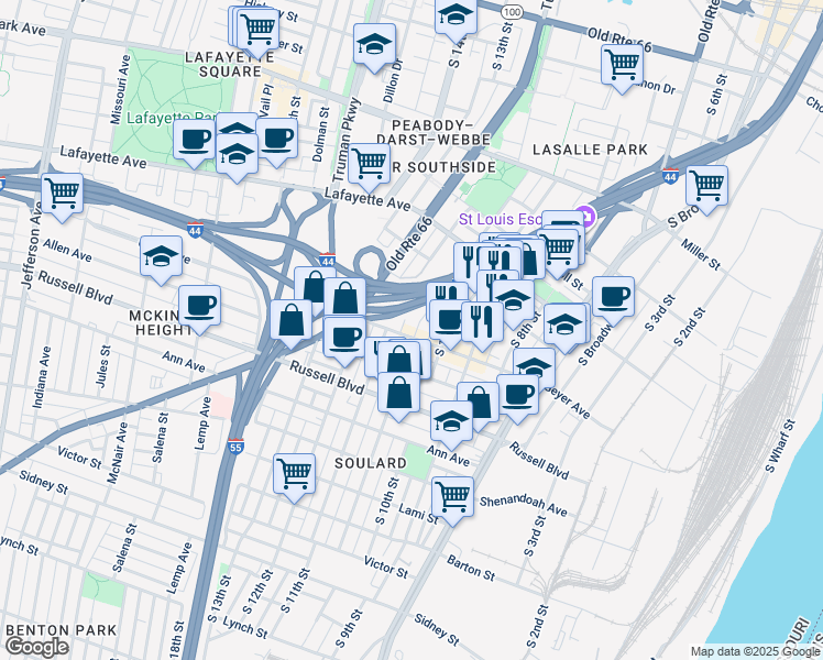 map of restaurants, bars, coffee shops, grocery stores, and more near 1851R Menard Street in St. Louis