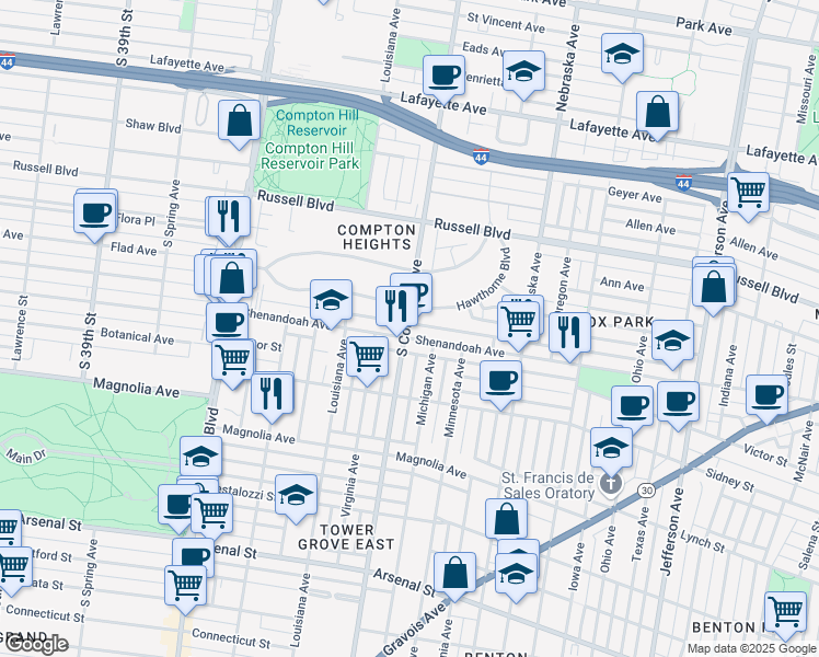 map of restaurants, bars, coffee shops, grocery stores, and more near 3204 Hawthorne Boulevard in St. Louis