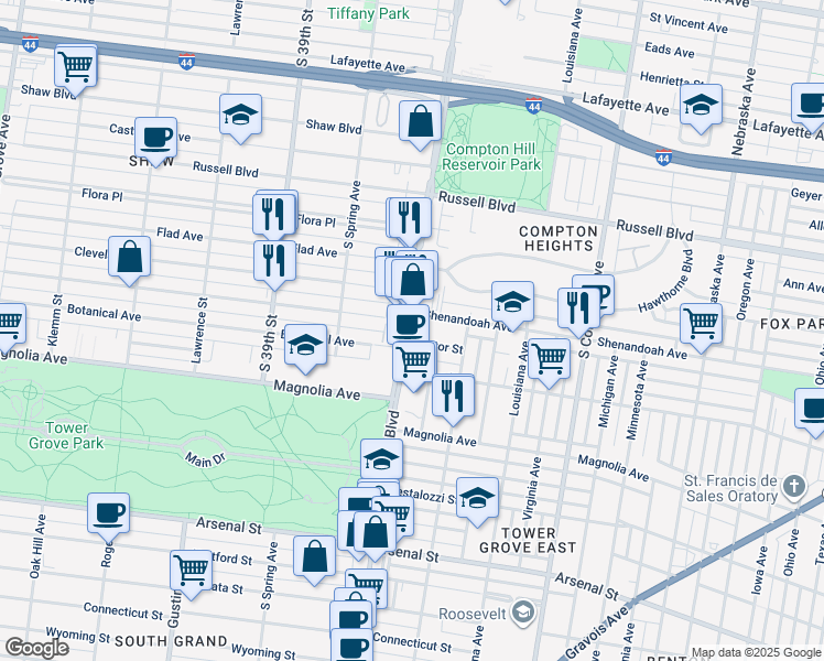 map of restaurants, bars, coffee shops, grocery stores, and more near 2254 South Grand Boulevard in St. Louis