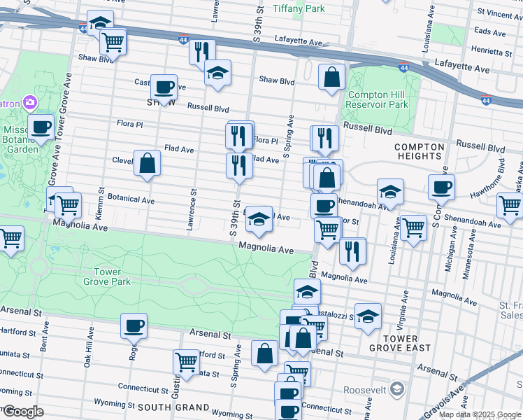 map of restaurants, bars, coffee shops, grocery stores, and more near 3824 Shenandoah Avenue in St. Louis