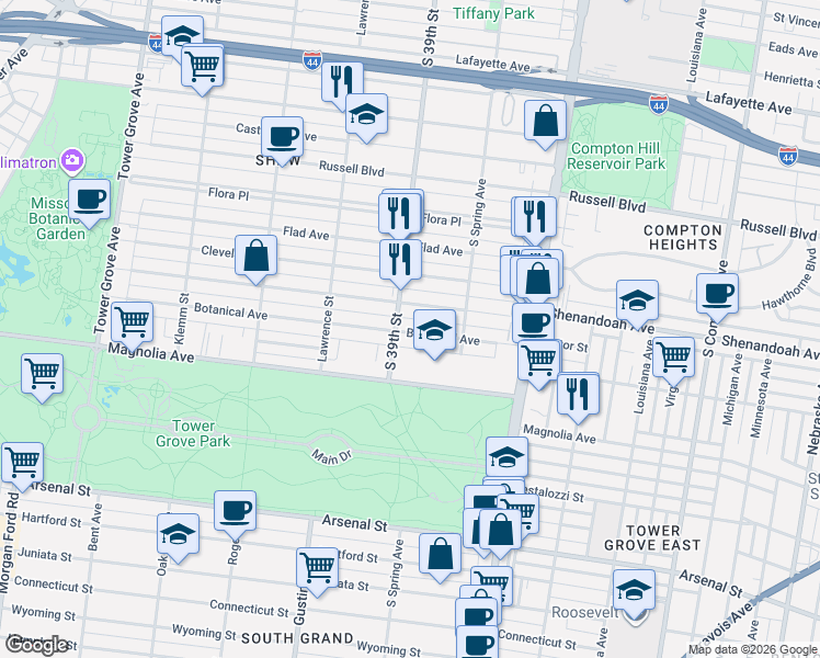 map of restaurants, bars, coffee shops, grocery stores, and more near 3868 Shenandoah Avenue in St. Louis