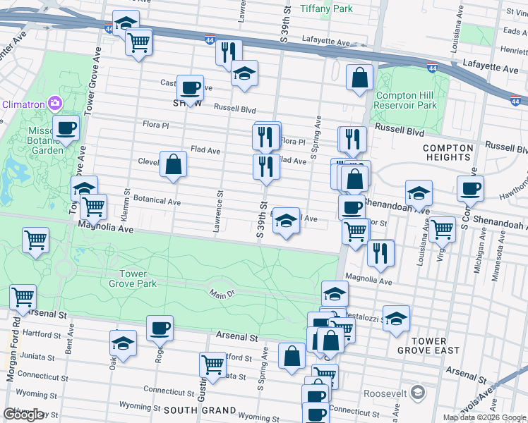 map of restaurants, bars, coffee shops, grocery stores, and more near 3868 Shenandoah Avenue in St. Louis