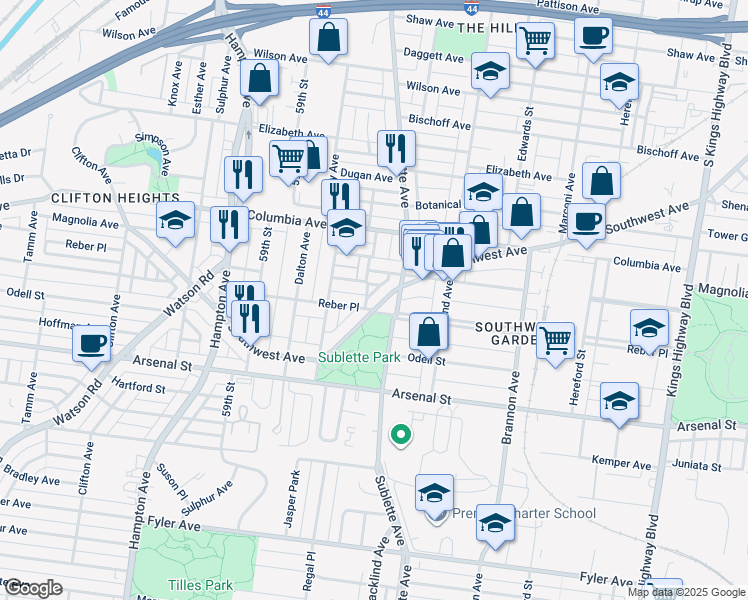 map of restaurants, bars, coffee shops, grocery stores, and more near 5534 Magnolia Avenue in St. Louis
