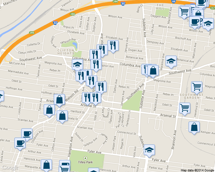 map of restaurants, bars, coffee shops, grocery stores, and more near 2702 59th Street in St. Louis