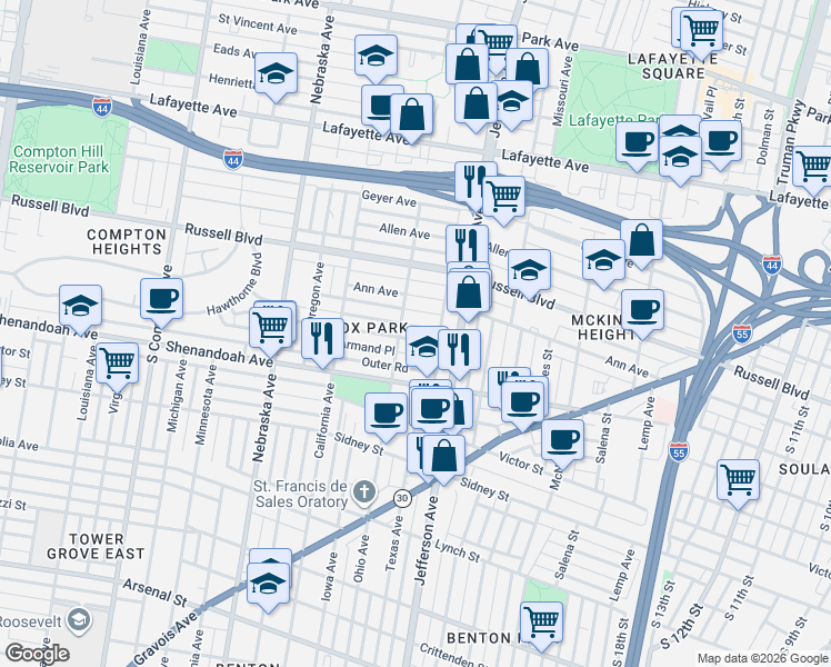 map of restaurants, bars, coffee shops, grocery stores, and more near 2638 Ann Avenue in St. Louis