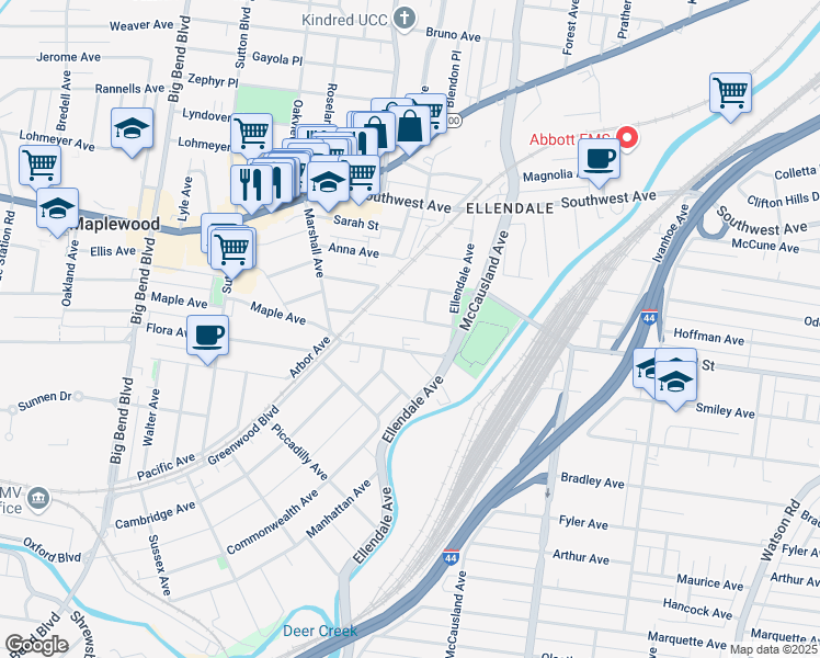 map of restaurants, bars, coffee shops, grocery stores, and more near 7229 Arsenal Street in St. Louis