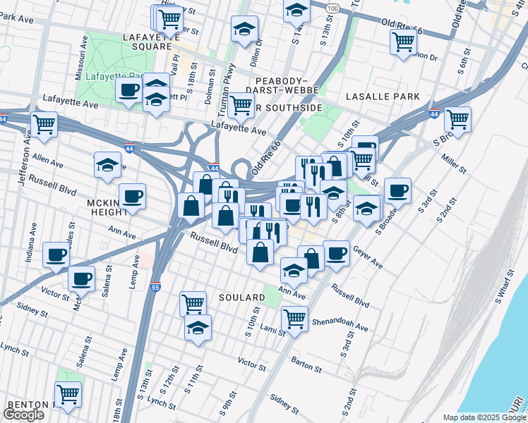 map of restaurants, bars, coffee shops, grocery stores, and more near 1035 Geyer Avenue in Saint Louis
