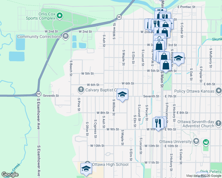 map of restaurants, bars, coffee shops, grocery stores, and more near 535 South Willow Street in Ottawa