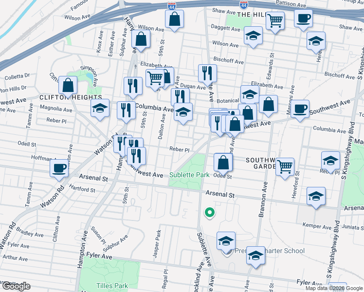 map of restaurants, bars, coffee shops, grocery stores, and more near 2700 January Avenue in St. Louis