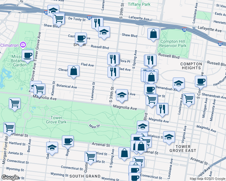 map of restaurants, bars, coffee shops, grocery stores, and more near 3901 Botanical Avenue in St. Louis