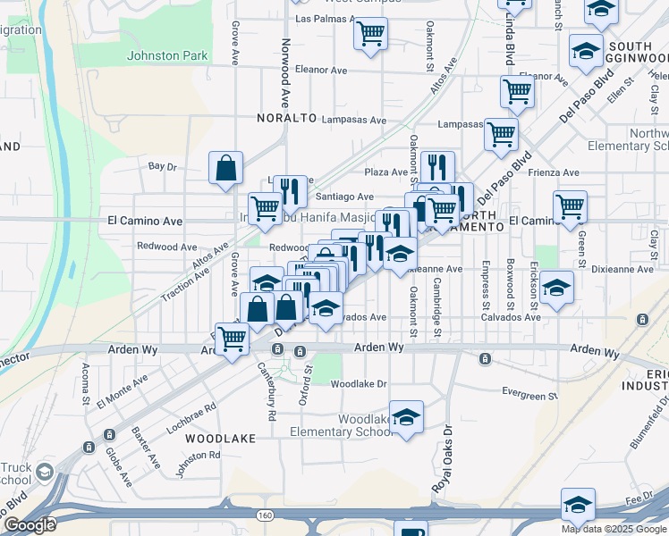 map of restaurants, bars, coffee shops, grocery stores, and more near 1920 El Monte Avenue in Sacramento