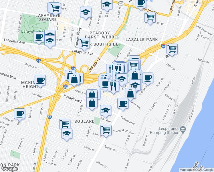 map of restaurants, bars, coffee shops, grocery stores, and more near 1842 South 10th Street in St. Louis