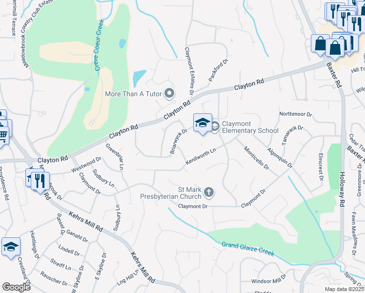 map of restaurants, bars, coffee shops, grocery stores, and more near 464 Briarwyck Drive in Ballwin