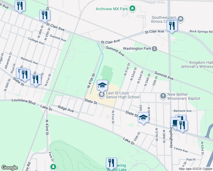 map of restaurants, bars, coffee shops, grocery stores, and more near 4901 State Street in East St. Louis