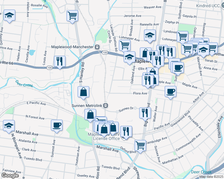 map of restaurants, bars, coffee shops, grocery stores, and more near 2855 Laclede Station Road in Maplewood
