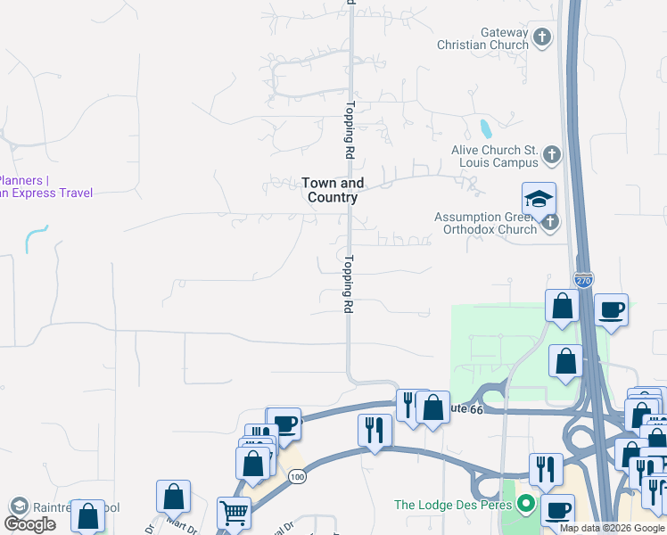 map of restaurants, bars, coffee shops, grocery stores, and more near 1745 Topping Road in St. Louis