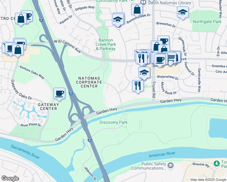 map of restaurants, bars, coffee shops, grocery stores, and more near 2335 Natomas Park Drive in Sacramento