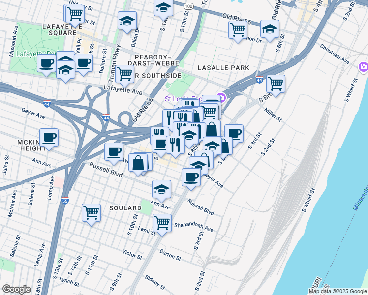 map of restaurants, bars, coffee shops, grocery stores, and more near 904 Soulard Street in St. Louis