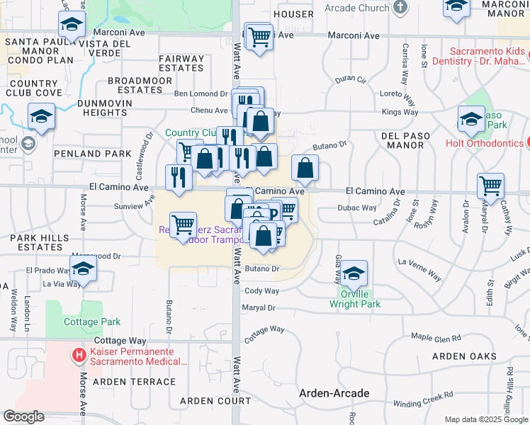 map of restaurants, bars, coffee shops, grocery stores, and more near 3528 El Camino Avenue in Sacramento