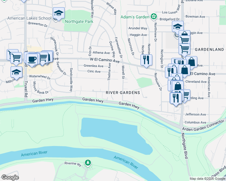 map of restaurants, bars, coffee shops, grocery stores, and more near 949 Azusa Street in Sacramento