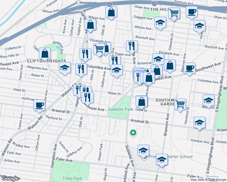 map of restaurants, bars, coffee shops, grocery stores, and more near 2700 January Avenue in St. Louis