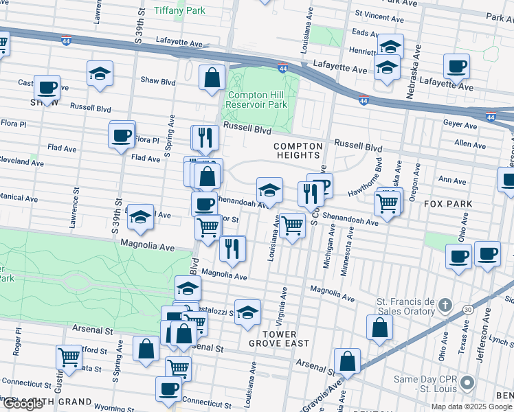 map of restaurants, bars, coffee shops, grocery stores, and more near 3434 Shenandoah Avenue in St. Louis