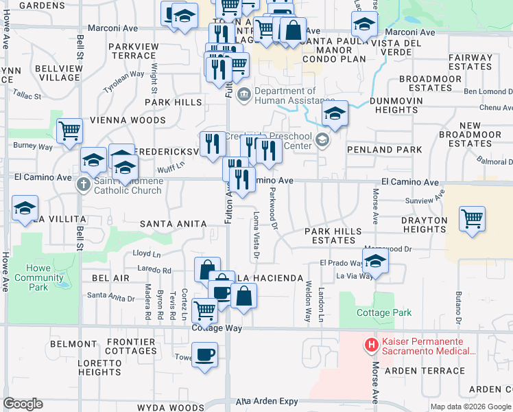 map of restaurants, bars, coffee shops, grocery stores, and more near 2428 Loma Vista Drive in Sacramento