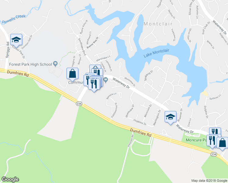 map of restaurants, bars, coffee shops, grocery stores, and more near 4855 Benecia Lane in Dumfries