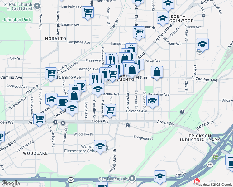 map of restaurants, bars, coffee shops, grocery stores, and more near 789 Dixieanne Avenue in Sacramento