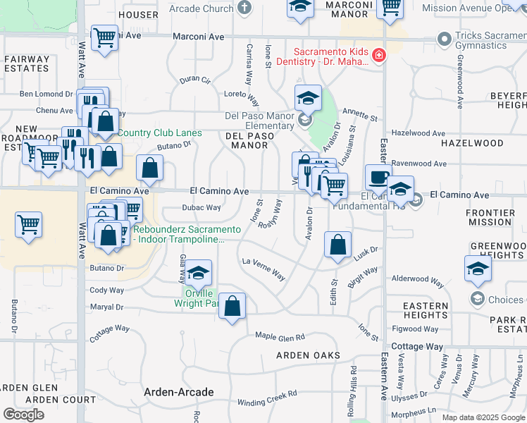 map of restaurants, bars, coffee shops, grocery stores, and more near 2445 Ione Street in Sacramento