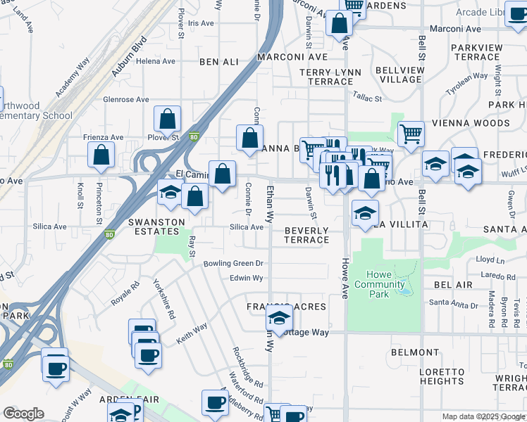 map of restaurants, bars, coffee shops, grocery stores, and more near 2425 Ethan Way in Sacramento