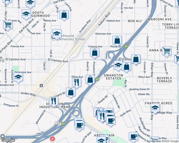 map of restaurants, bars, coffee shops, grocery stores, and more near 2450 Knoll Street in Sacramento