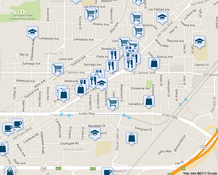 map of restaurants, bars, coffee shops, grocery stores, and more near 2200 Del Paso Boulevard in Sacramento