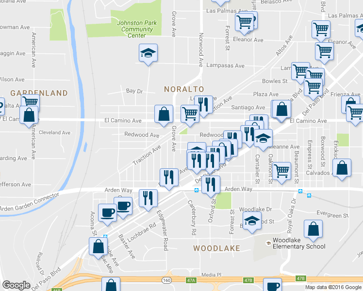 map of restaurants, bars, coffee shops, grocery stores, and more near 374 Redwood Avenue in Sacramento