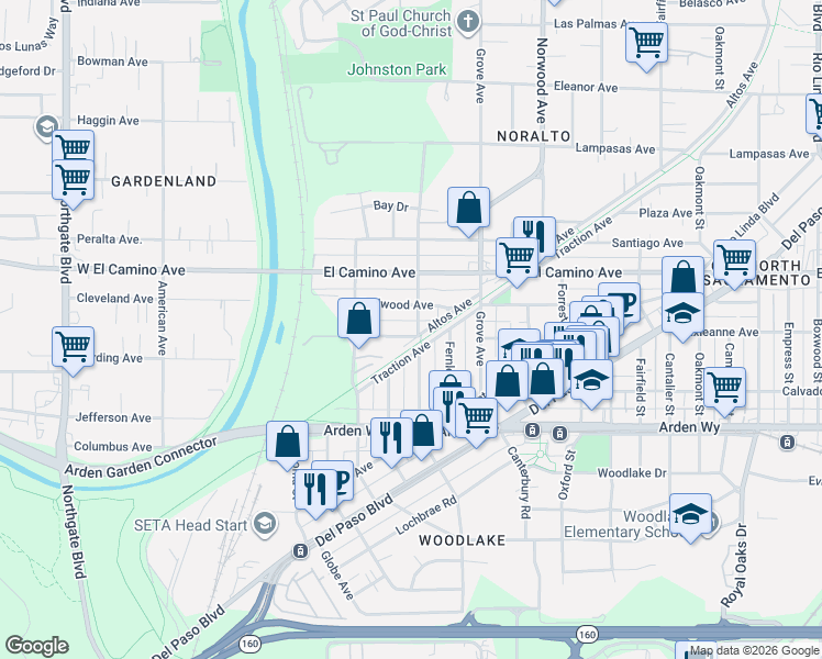 map of restaurants, bars, coffee shops, grocery stores, and more near 168 Redwood Avenue in Sacramento