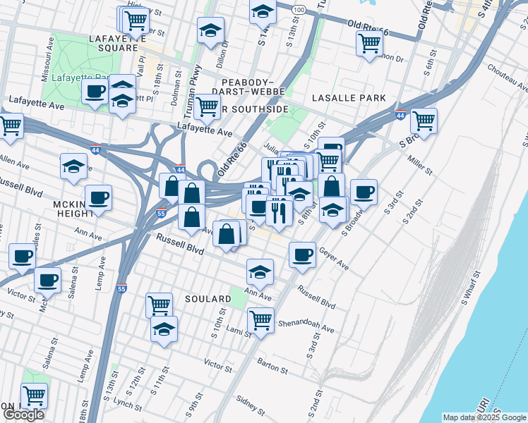 map of restaurants, bars, coffee shops, grocery stores, and more near 1817R South 10th Street in St. Louis