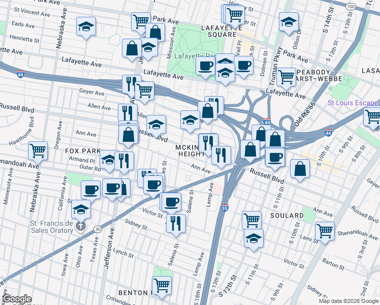 map of restaurants, bars, coffee shops, grocery stores, and more near 2031 Russell Boulevard in St. Louis