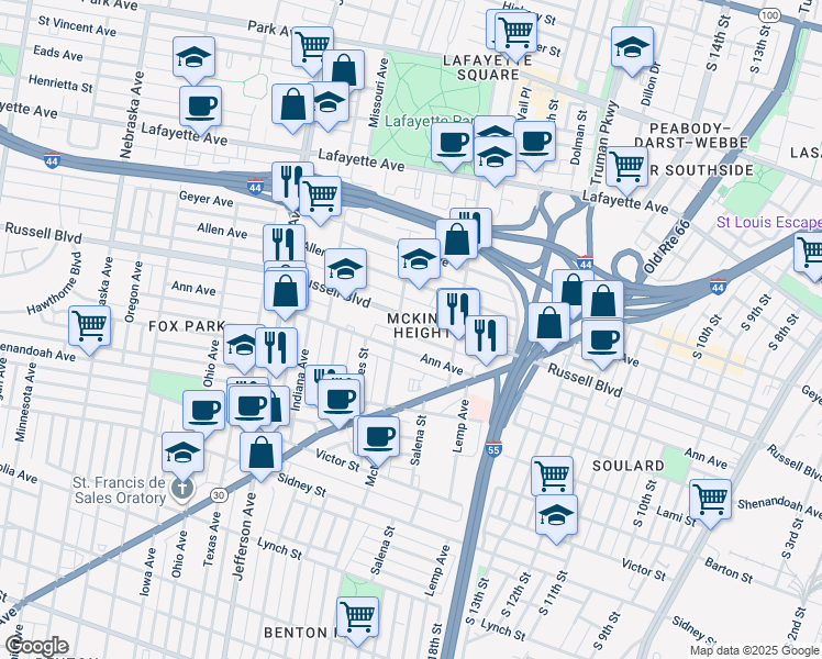 map of restaurants, bars, coffee shops, grocery stores, and more near 2101 Russell Boulevard in St. Louis