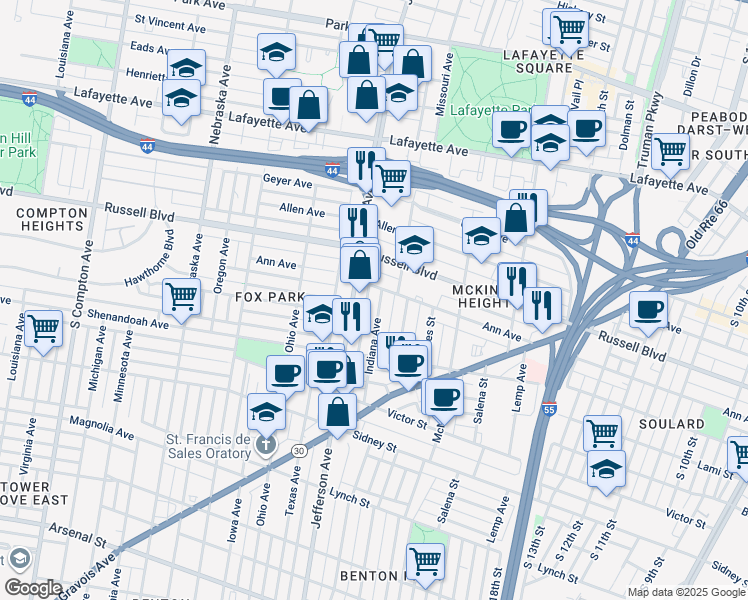 map of restaurants, bars, coffee shops, grocery stores, and more near 2311 Ann Avenue in St. Louis