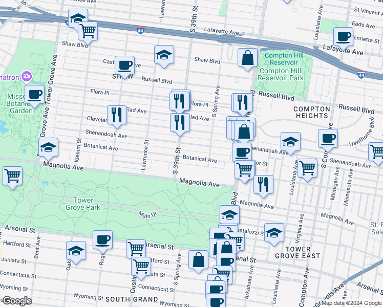 map of restaurants, bars, coffee shops, grocery stores, and more near 3824 Shenandoah Avenue in St. Louis