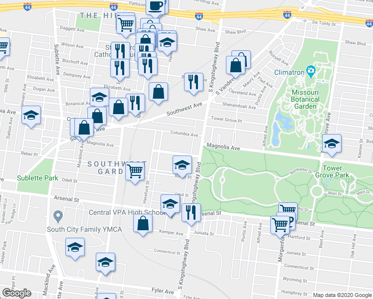 map of restaurants, bars, coffee shops, grocery stores, and more near 4944 Columbia Avenue in St. Louis