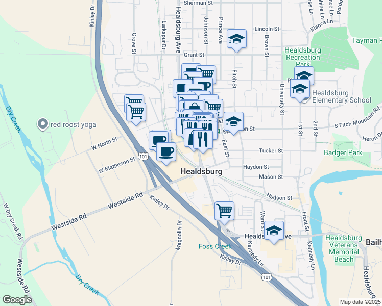map of restaurants, bars, coffee shops, grocery stores, and more near 227 Healdsburg Avenue in Healdsburg