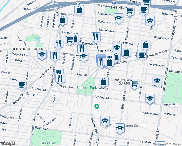 map of restaurants, bars, coffee shops, grocery stores, and more near 5534 Magnolia Avenue in St. Louis